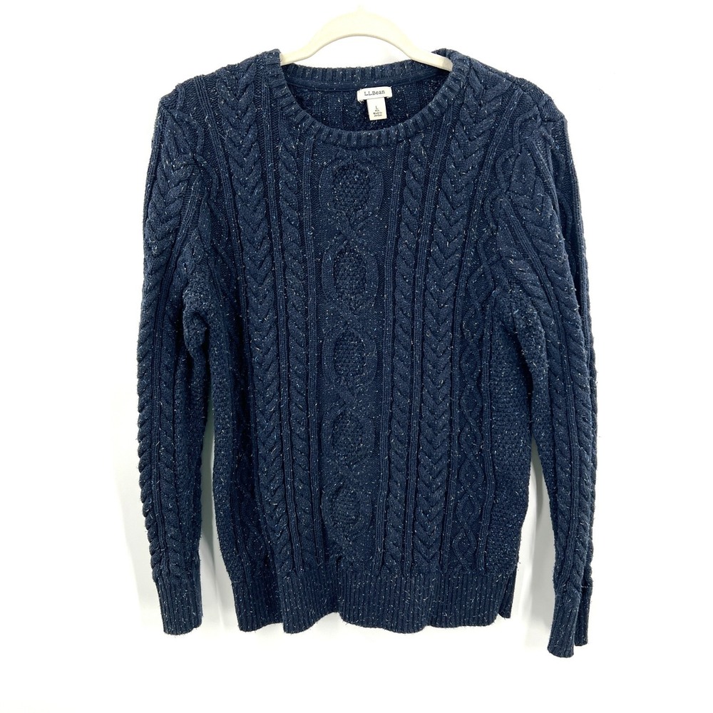 LL Bean classic Navy Blue Sprinkle specked Chunky cable Knit Sweater‎ preppy L